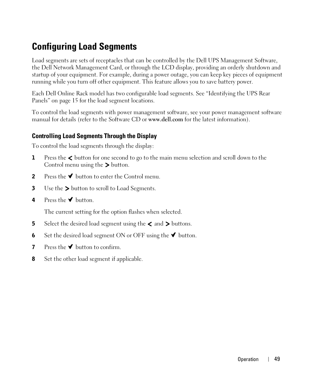 Dell 2700W manual Configuring Load Segments, Controlling Load Segments Through the Display 