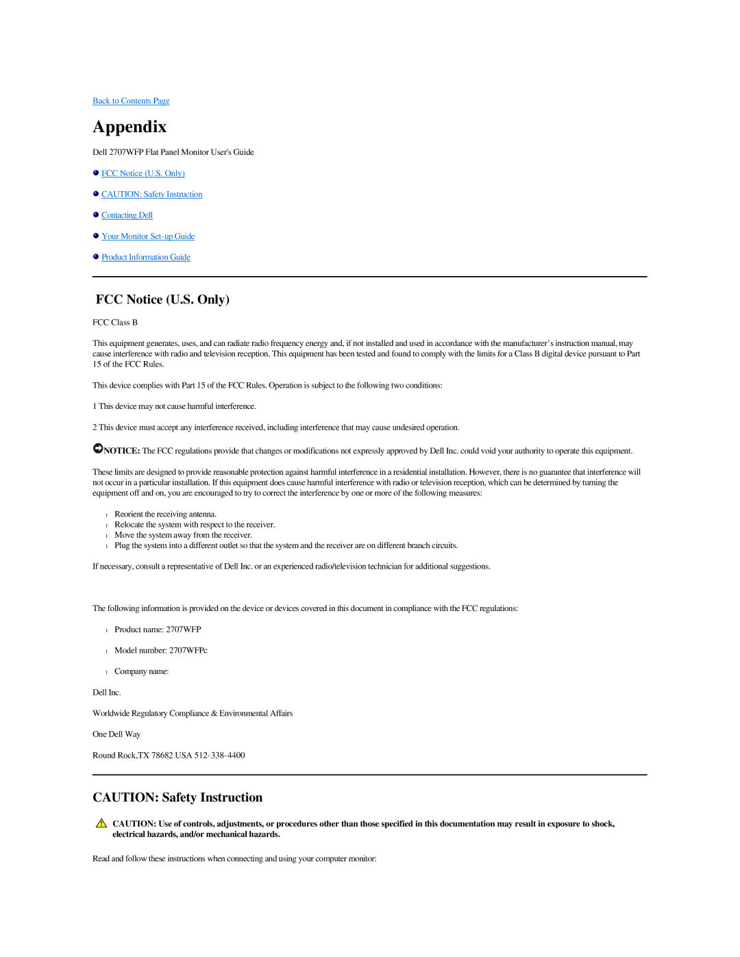 Dell 2707WFP specifications Appendix, FCC Notice U.S. Only 