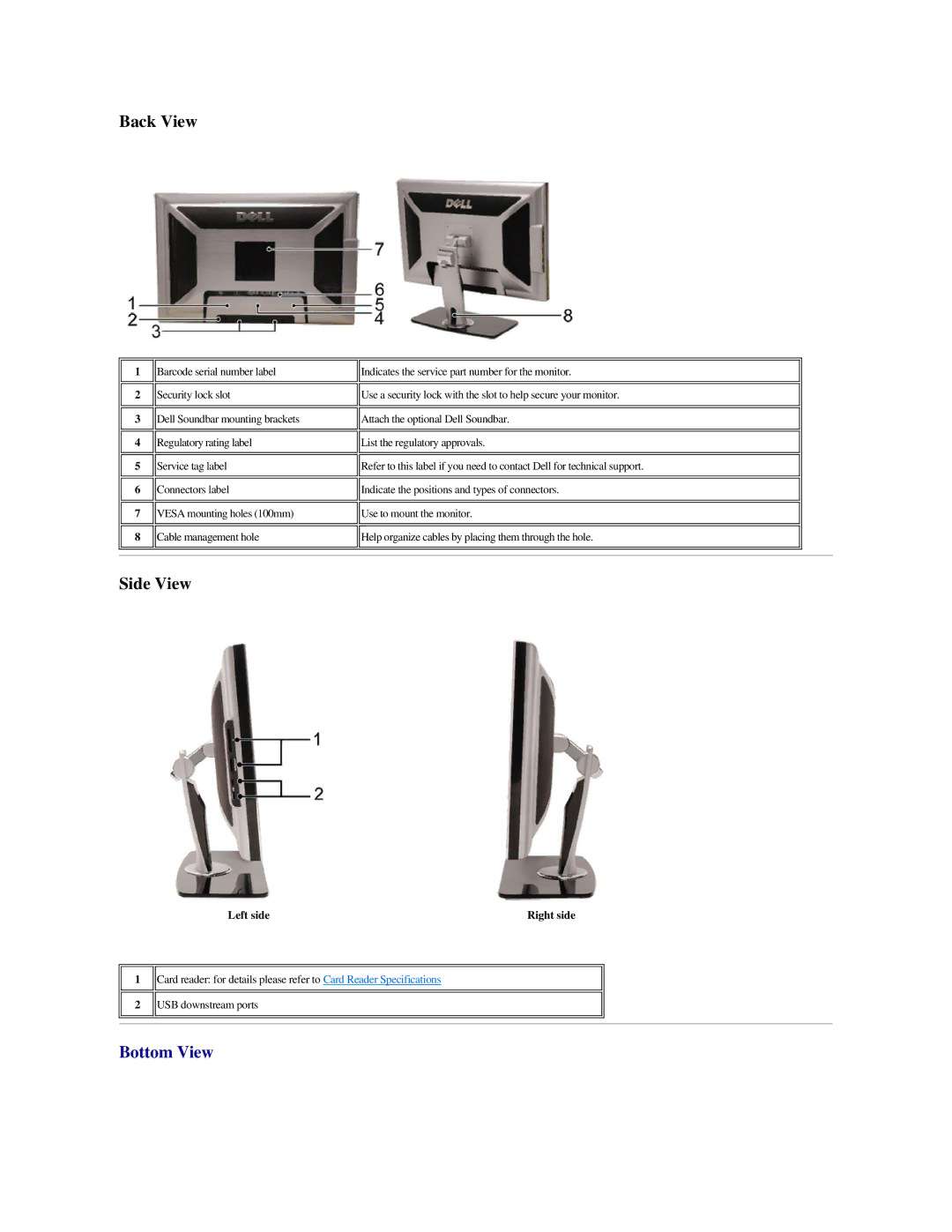 Dell 2707WFP specifications Back View, Side View, Left side 