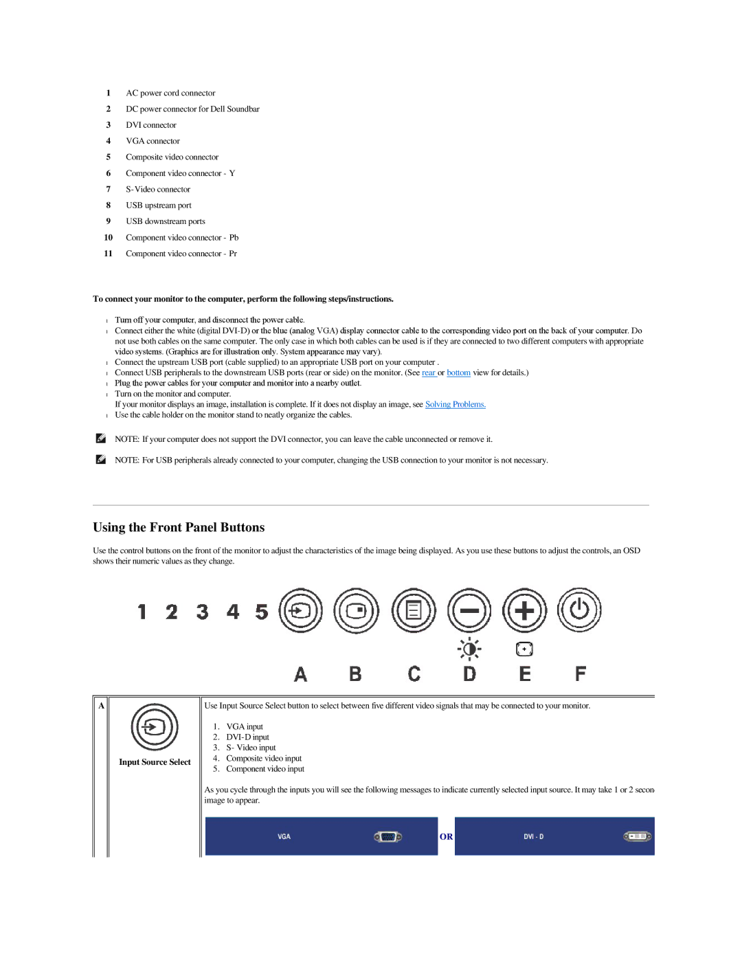 Dell 2707WFP specifications Using the Front Panel Buttons, Input Source Select 