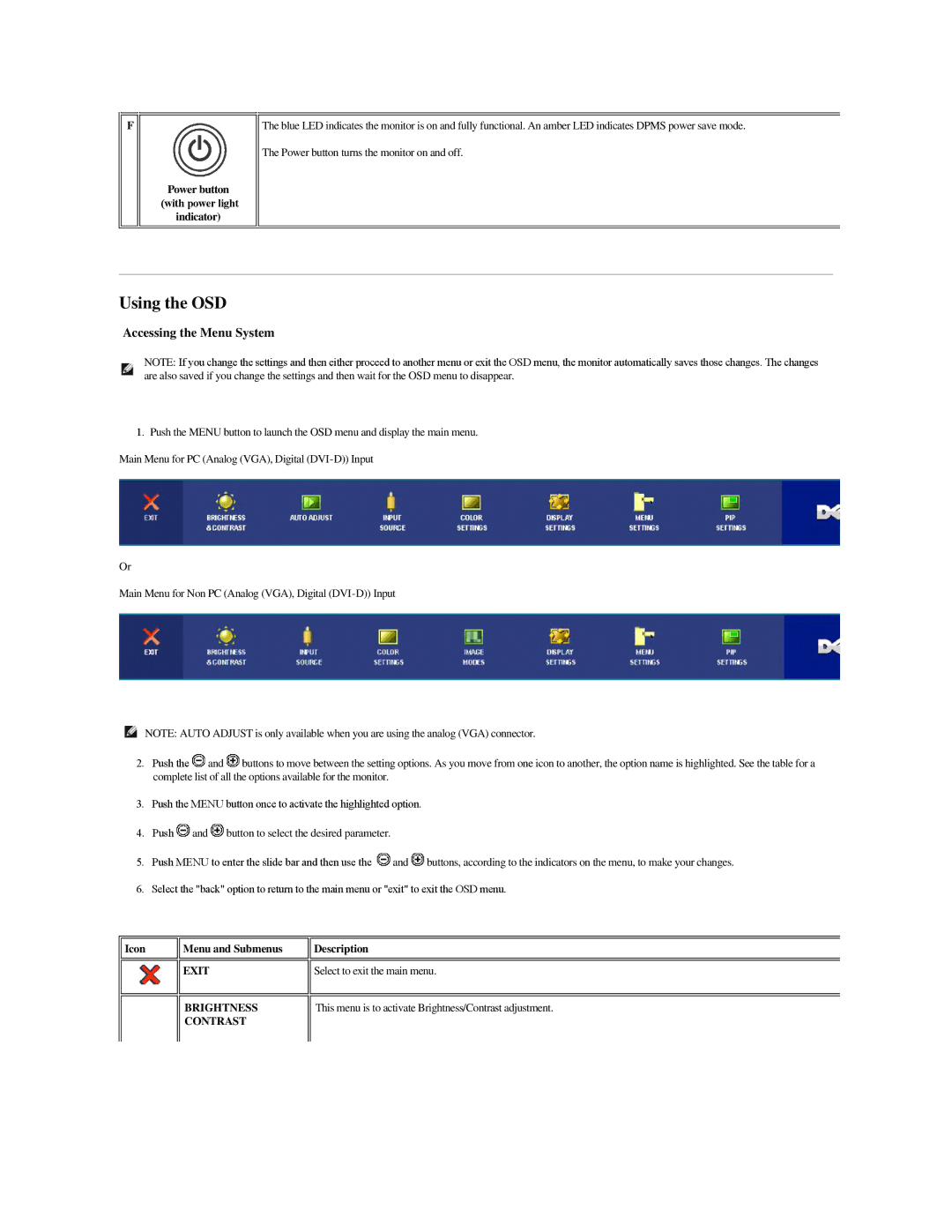 Dell 2707WFP specifications Using the OSD, Accessing the Menu System, Exit, Brightness, Contrast 