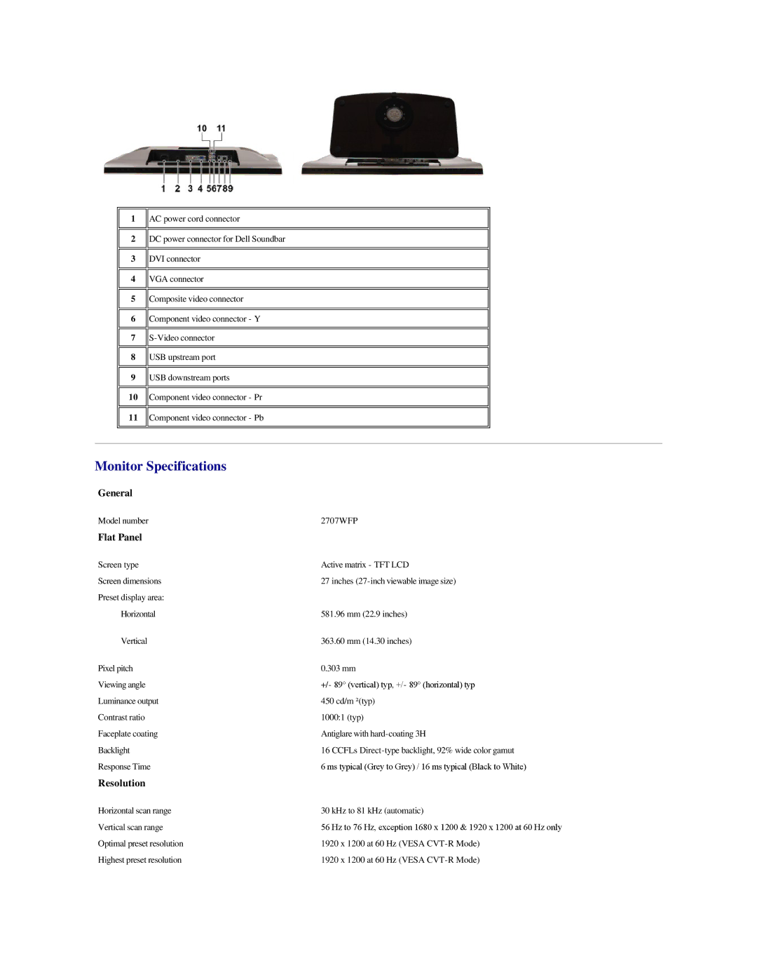 Dell 2707WFP specifications General, Flat Panel, Resolution 