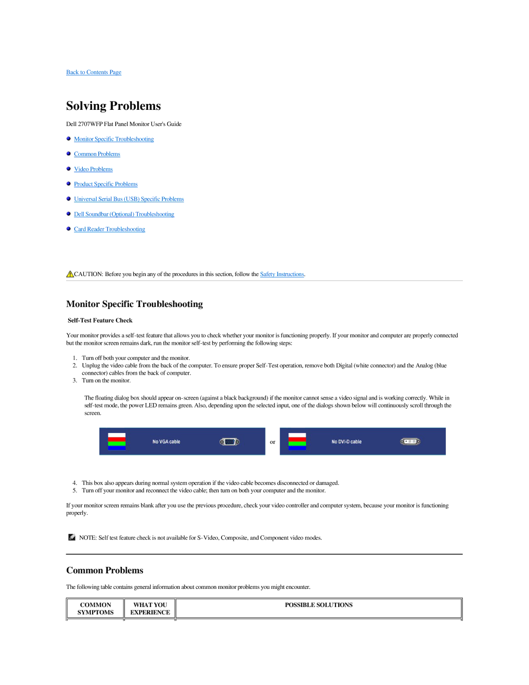 Dell 2707WFP specifications Solving Problems, Monitor Specific Troubleshooting, Common Problems, Self-Test Feature Check 