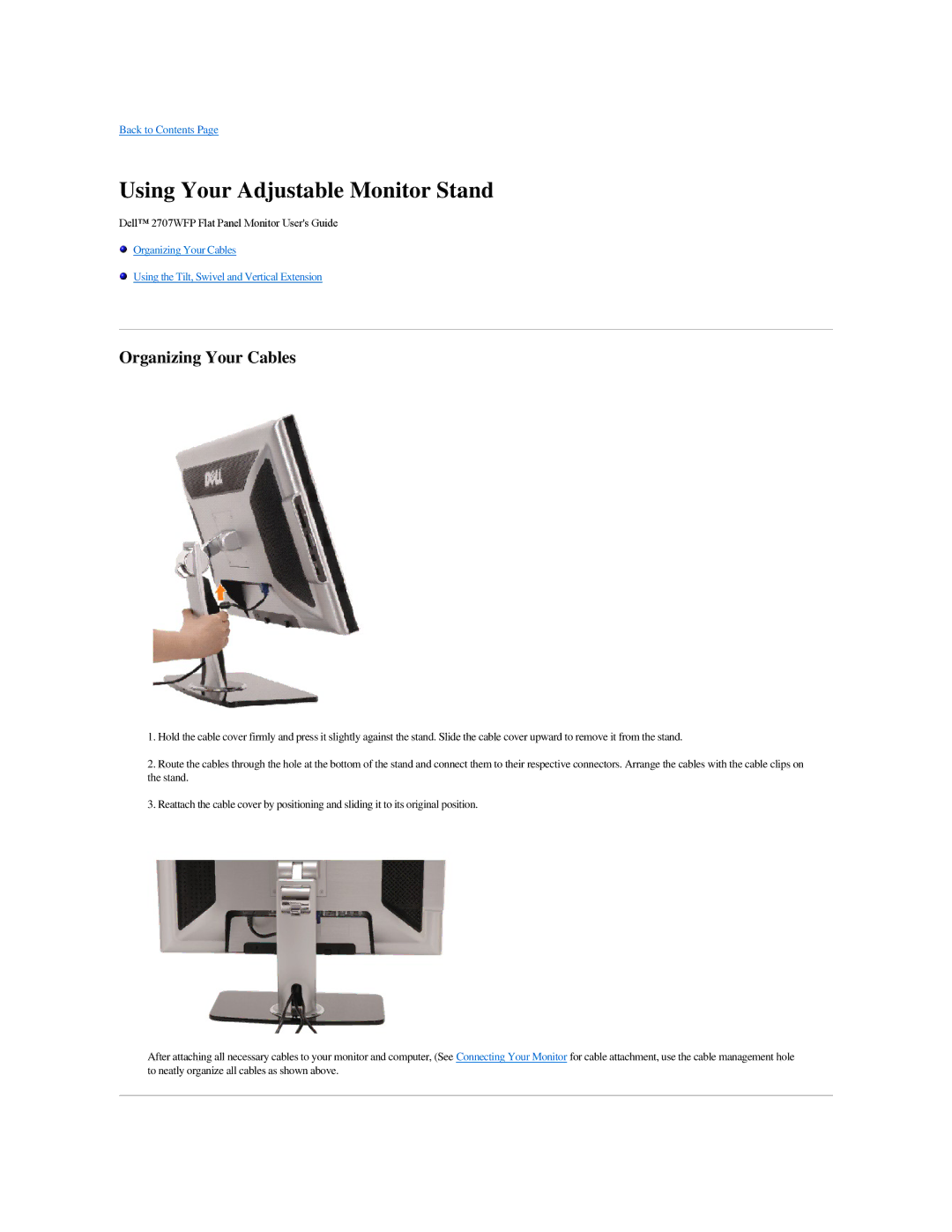 Dell 2707WFP specifications Using Your Adjustable Monitor Stand, Organizing Your Cables 