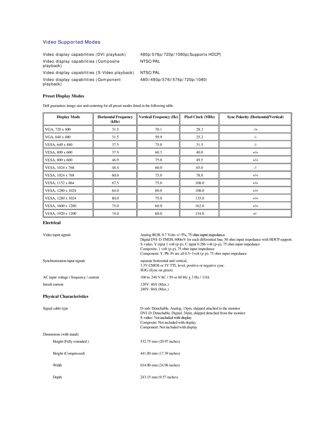 Dell 2707WFP specifications Preset Display Modes, Electrical, Physical Characteristics, Sync Polarity Horizontal/Vertical 