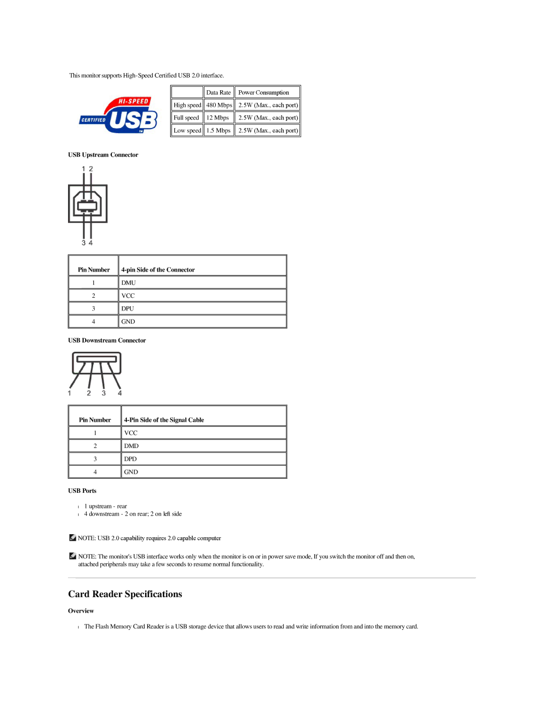 Dell 2707WFP Card Reader Specifications, USB Upstream Connector Pin Number Pin Side of the Connector, USB Ports, Overview 