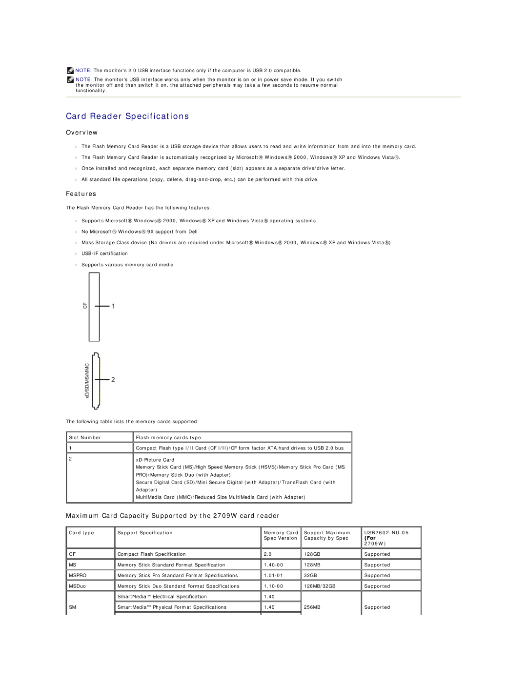 Dell appendix Card Reader Specifications, Overview, Features, Maximum Card Capacity Supported by the 2709W card reader 