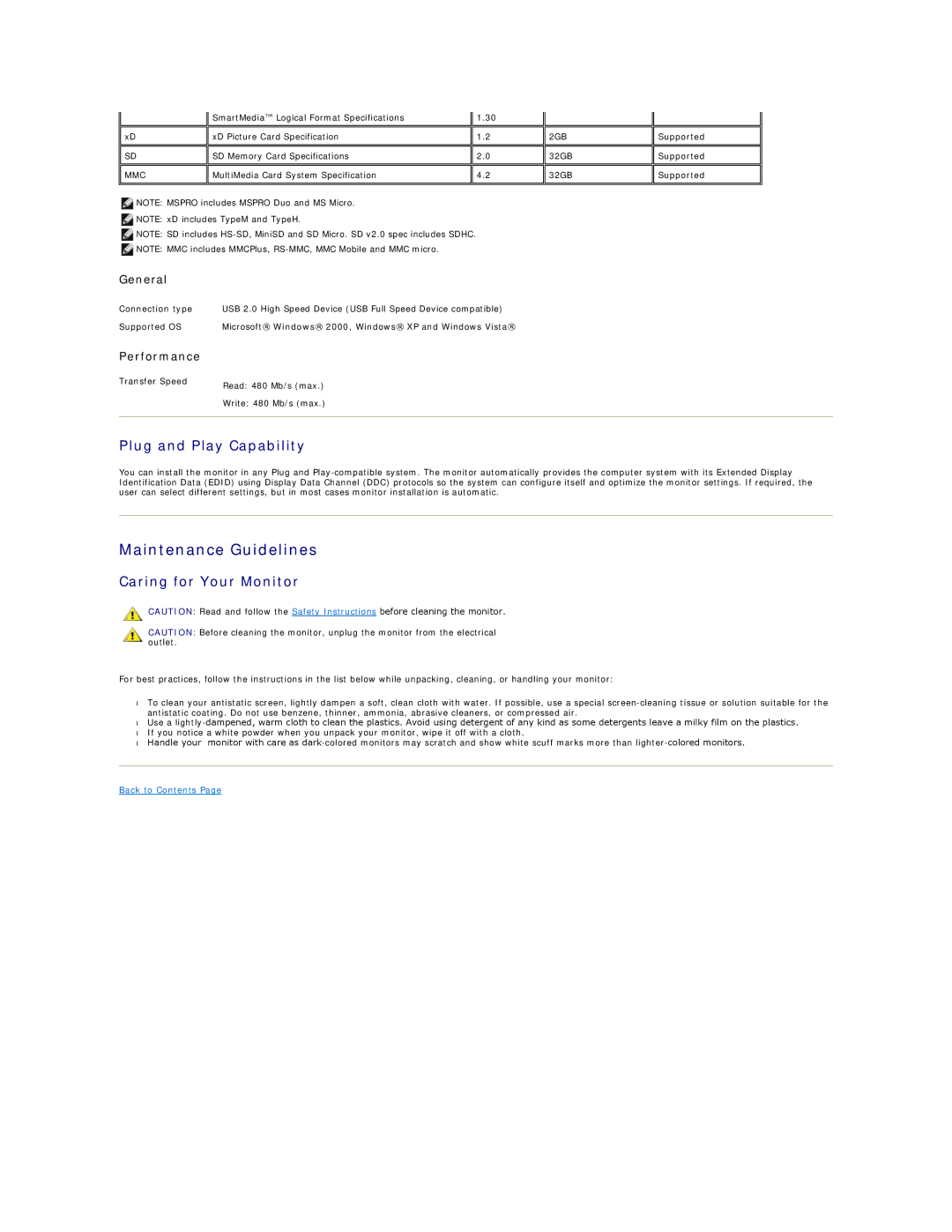 Dell 2709W appendix Maintenance Guidelines, Plug and Play Capability, Caring for Your Monitor, General, Performance 