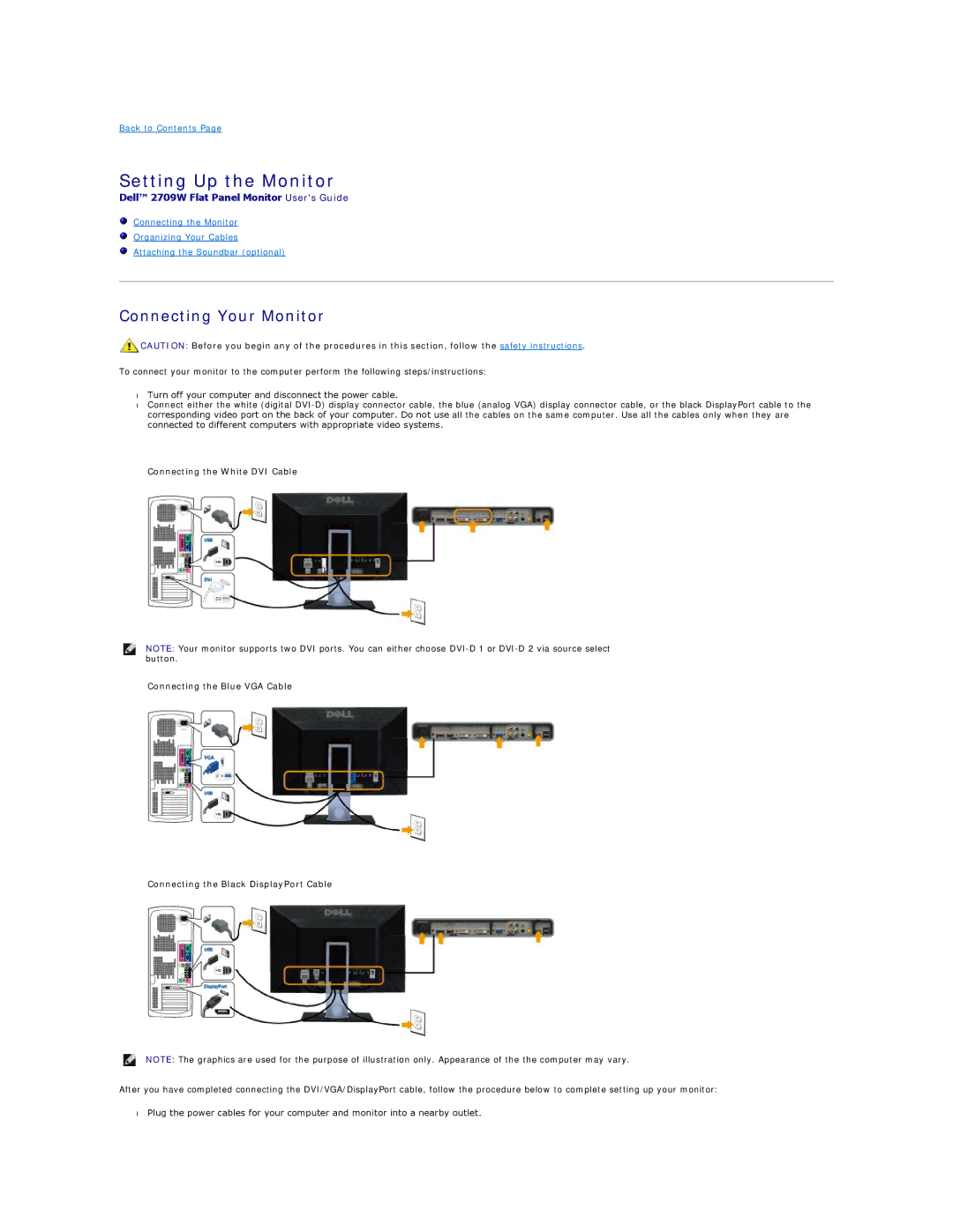 Dell 2709W appendix Setting Up the Monitor, Connecting Your Monitor 