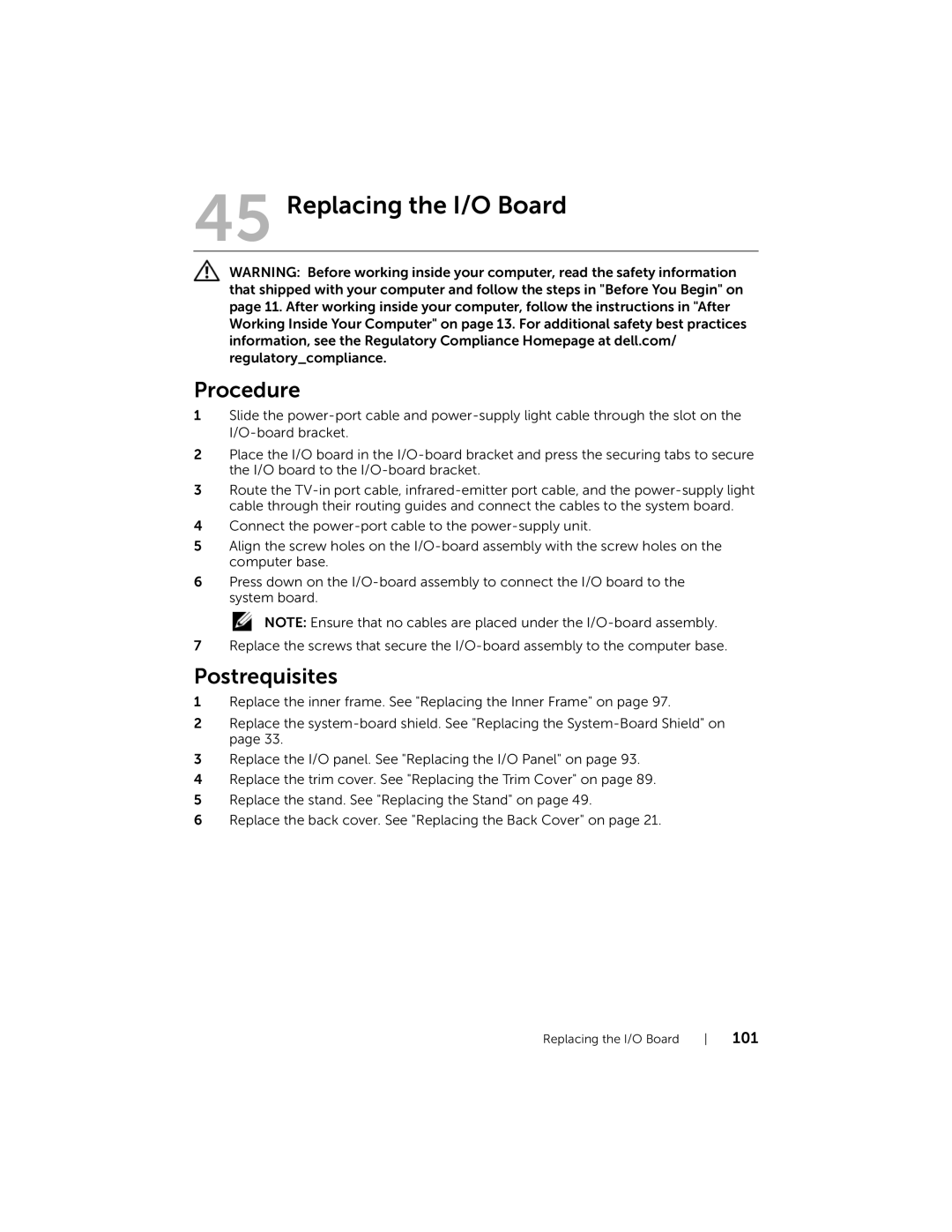 Dell 2710 owner manual Replacing the I/O Board 