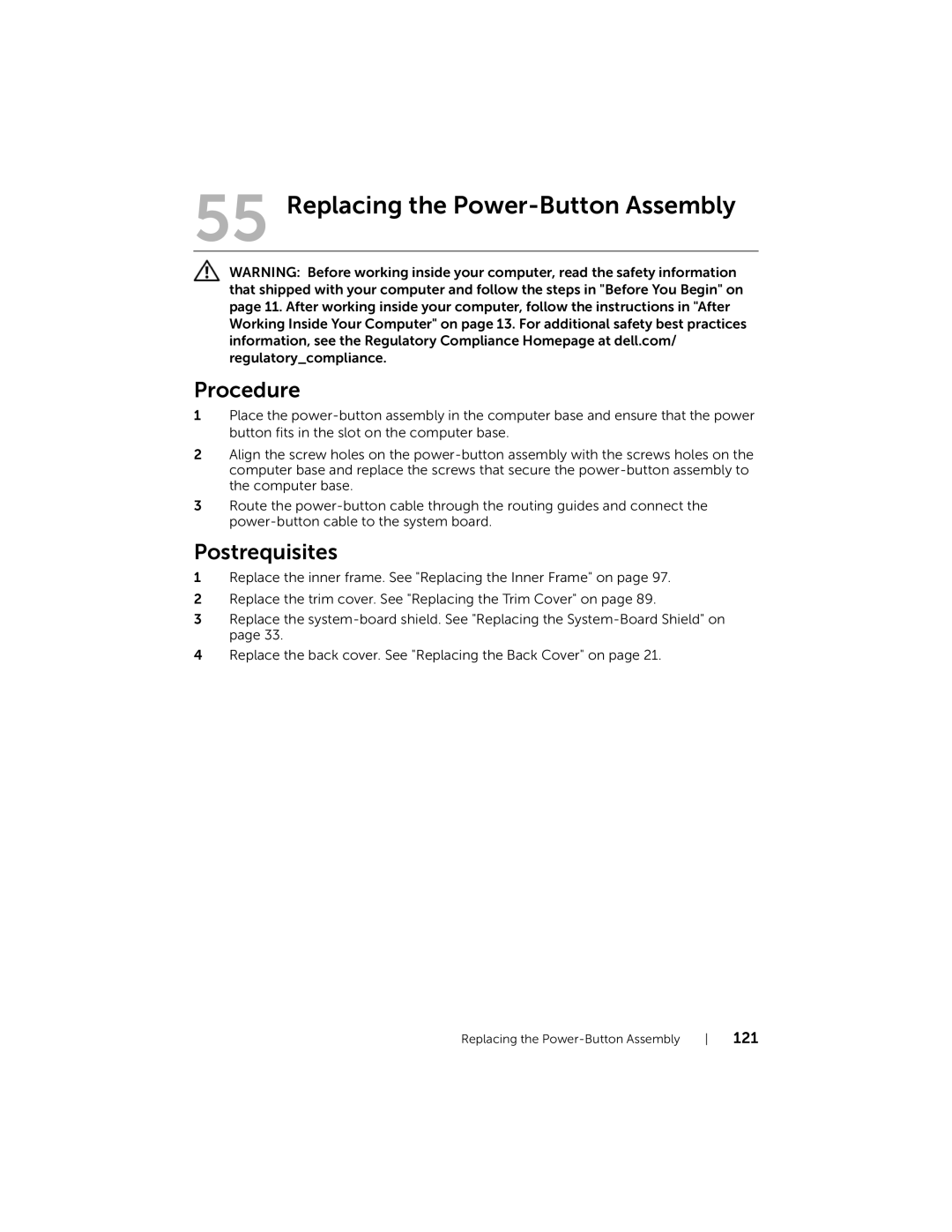 Dell 2710 owner manual Replacing the Power-Button Assembly 