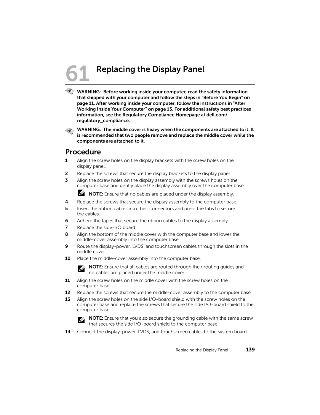 Dell 2710 owner manual Replacing the Display Panel 