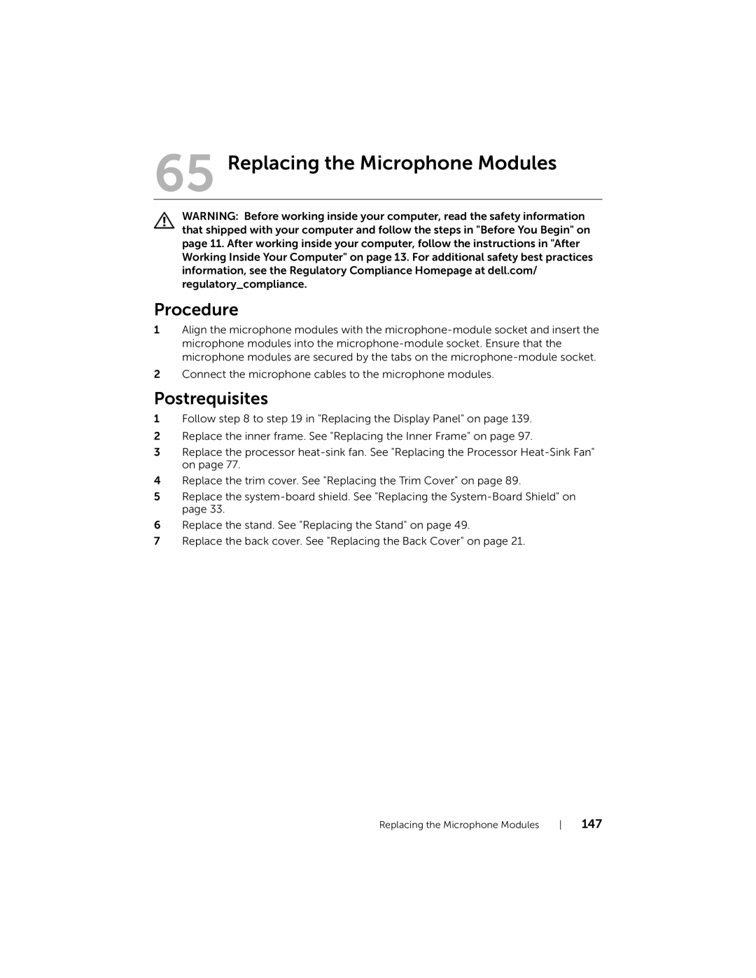 Dell 2710 owner manual Replacing the Microphone Modules 