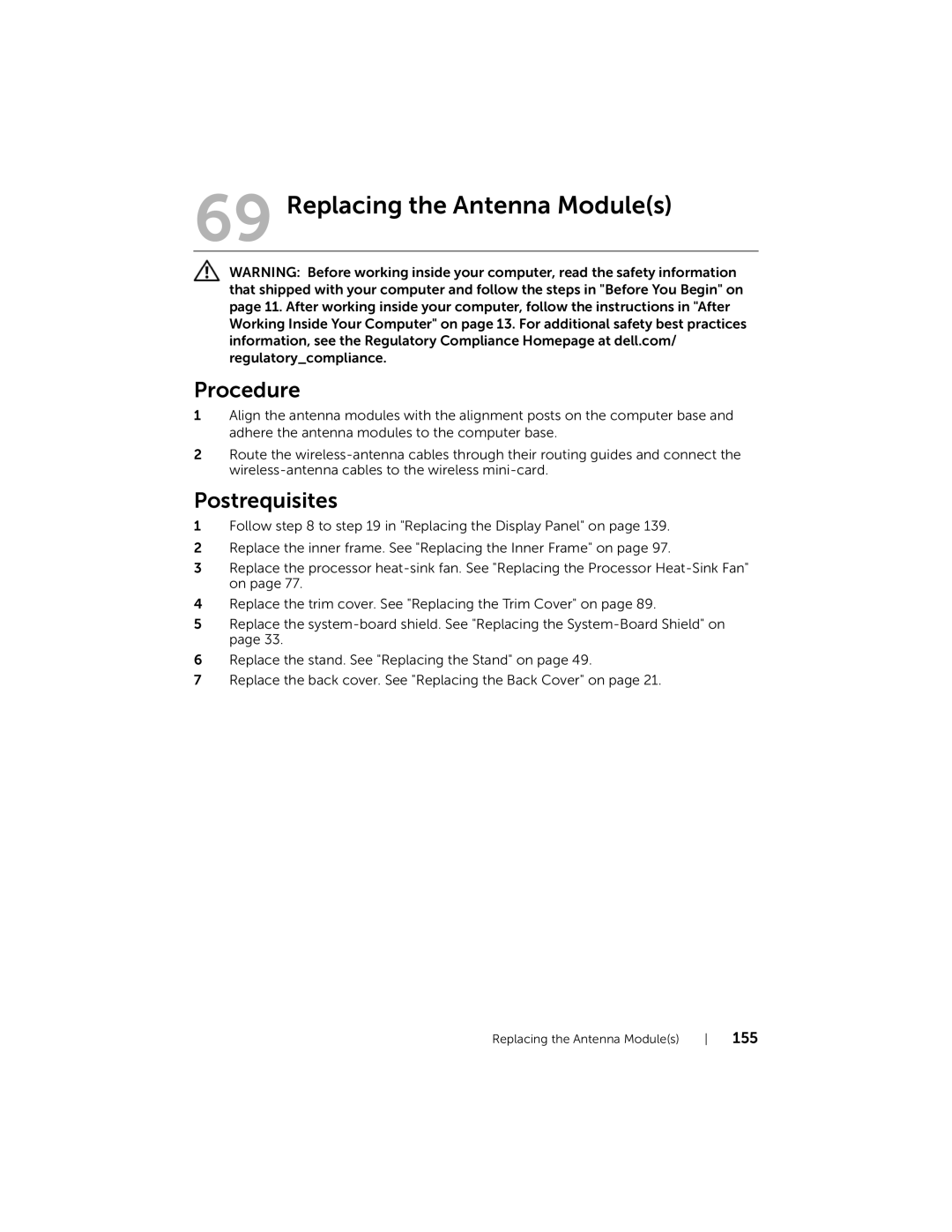 Dell 2710 owner manual Replacing the Antenna Modules 