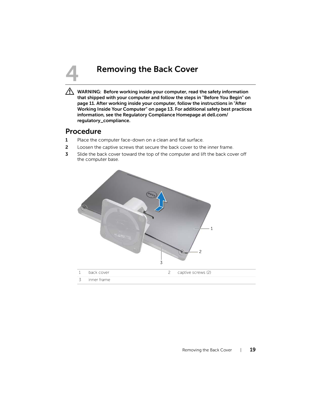 Dell 2710 owner manual Removing the Back Cover, Procedure 