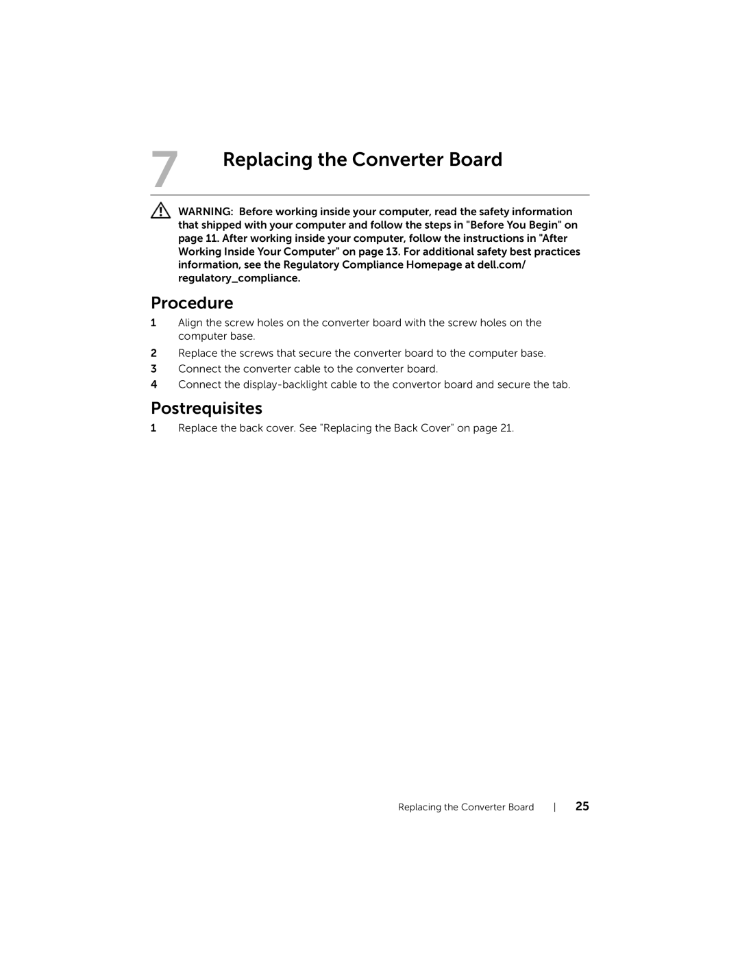 Dell 2710 owner manual Replacing the Converter Board, Postrequisites 