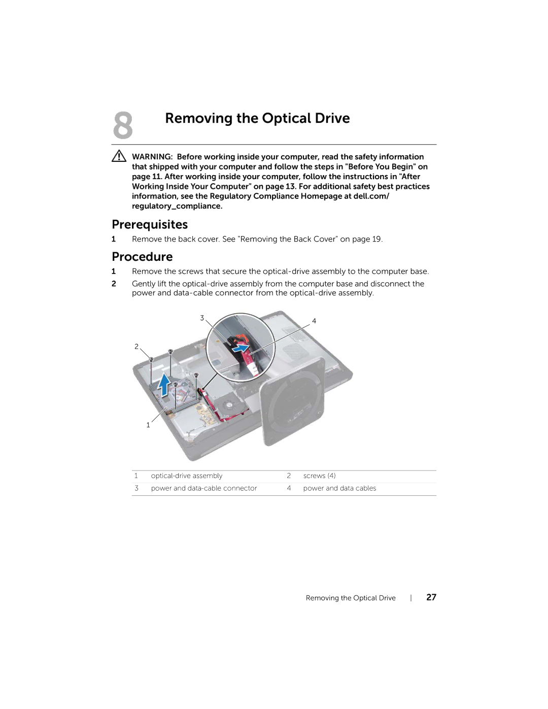 Dell 2710 owner manual Removing the Optical Drive 