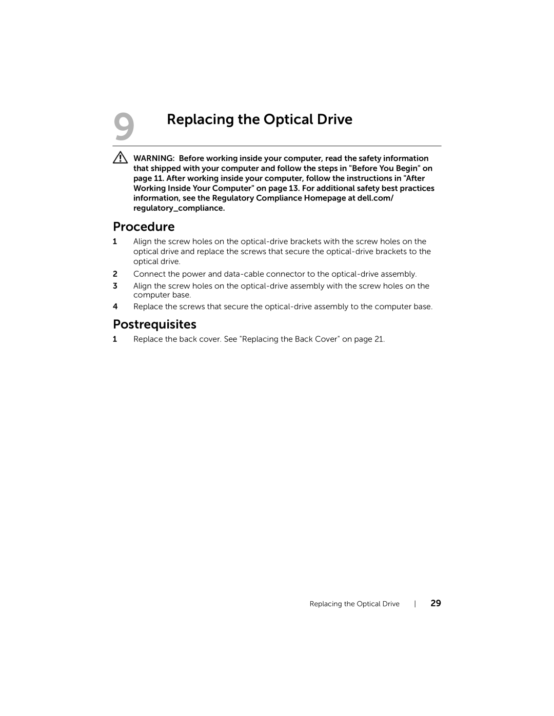 Dell 2710 owner manual Replacing the Optical Drive 