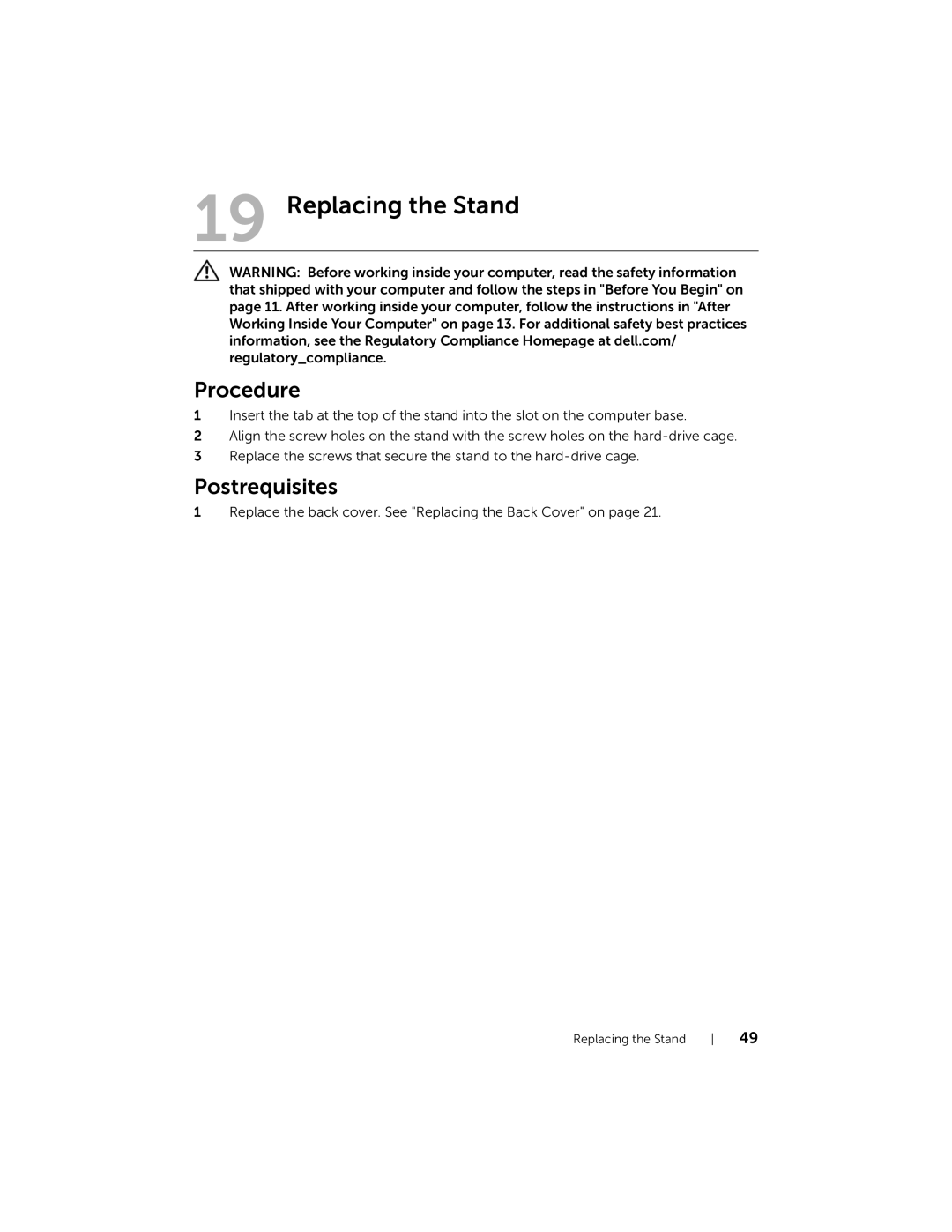 Dell 2710 owner manual Replacing the Stand 