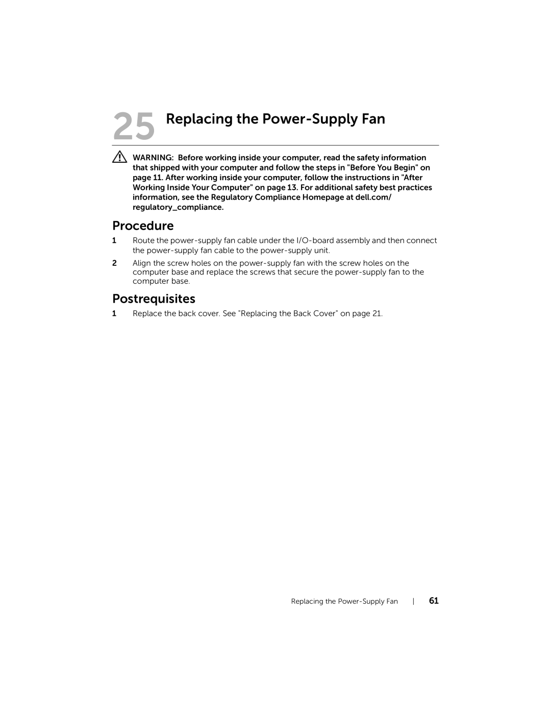 Dell 2710 owner manual Replacing the Power-Supply Fan 