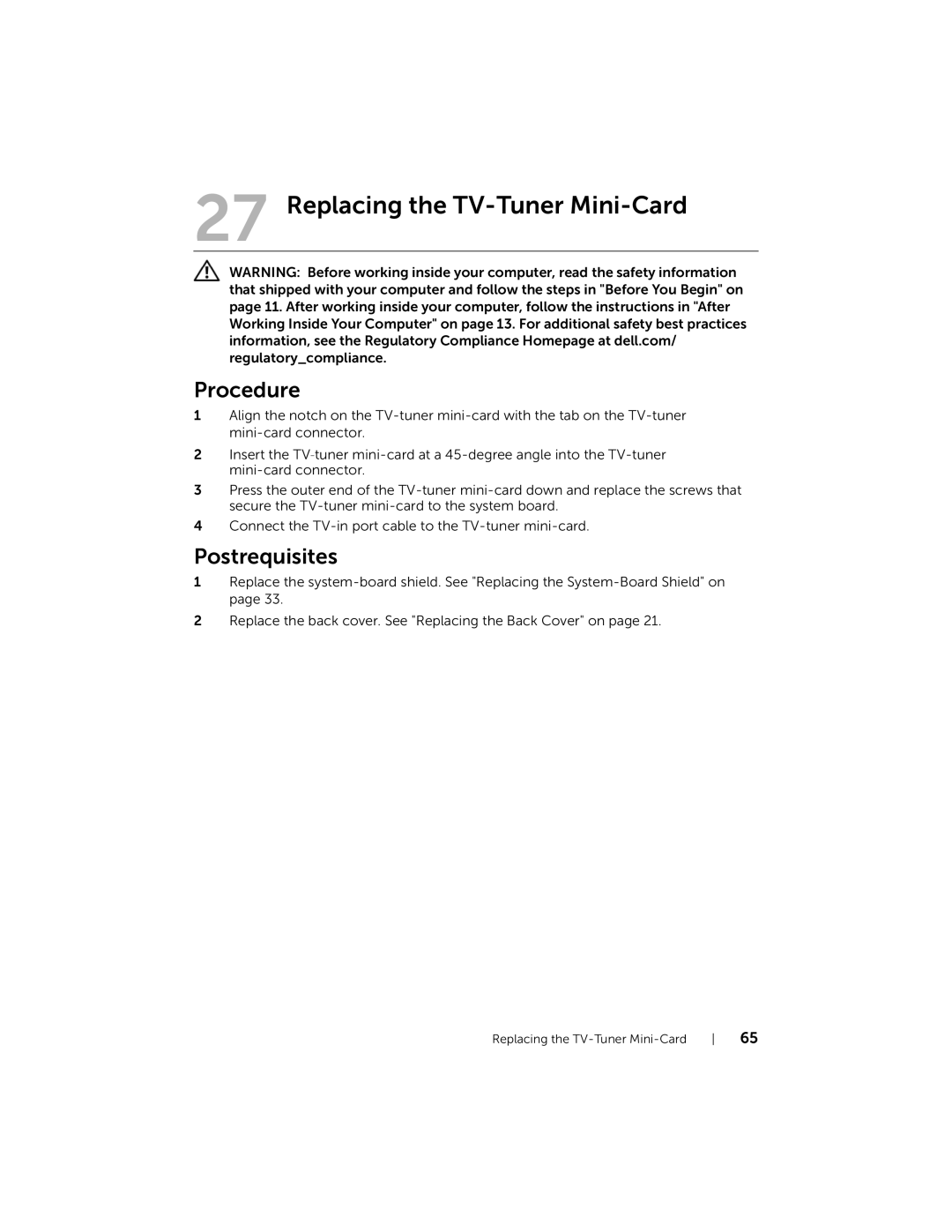 Dell 2710 owner manual Replacing the TV-Tuner Mini-Card 