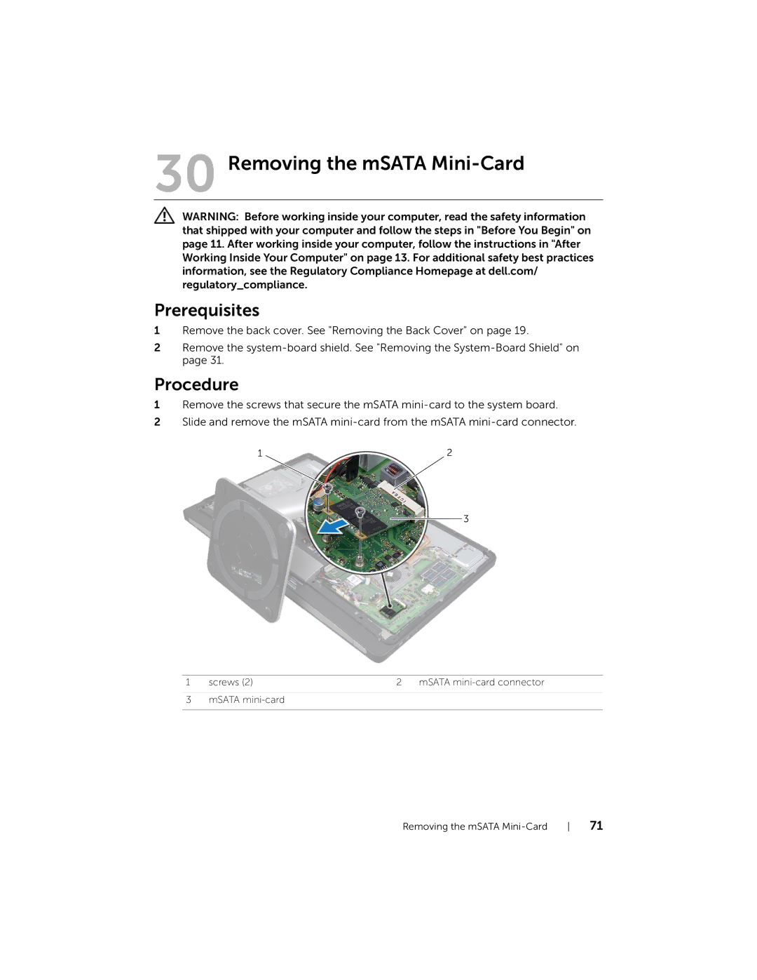 Dell 2710 owner manual Removing the mSATA Mini-Card 