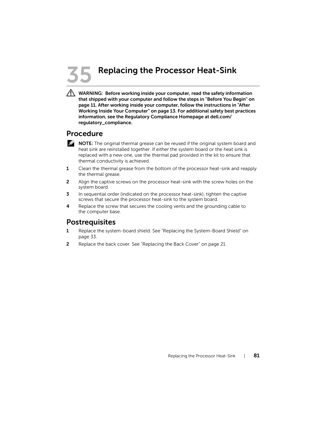 Dell 2710 owner manual Replacing the Processor Heat-Sink 