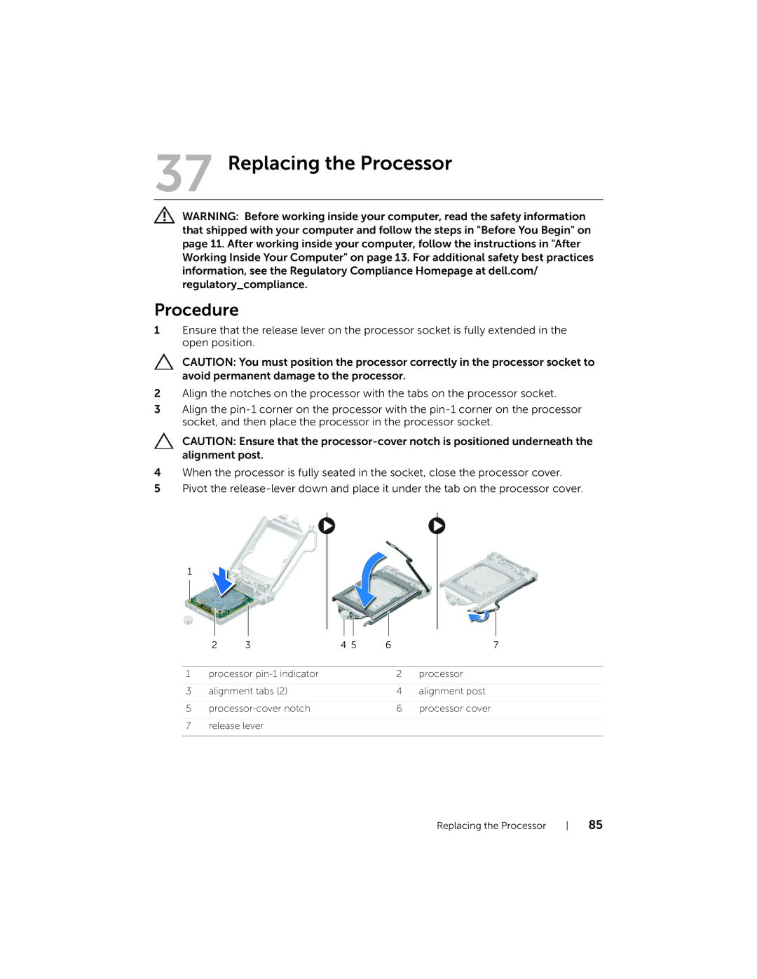 Dell 2710 owner manual Replacing the Processor 