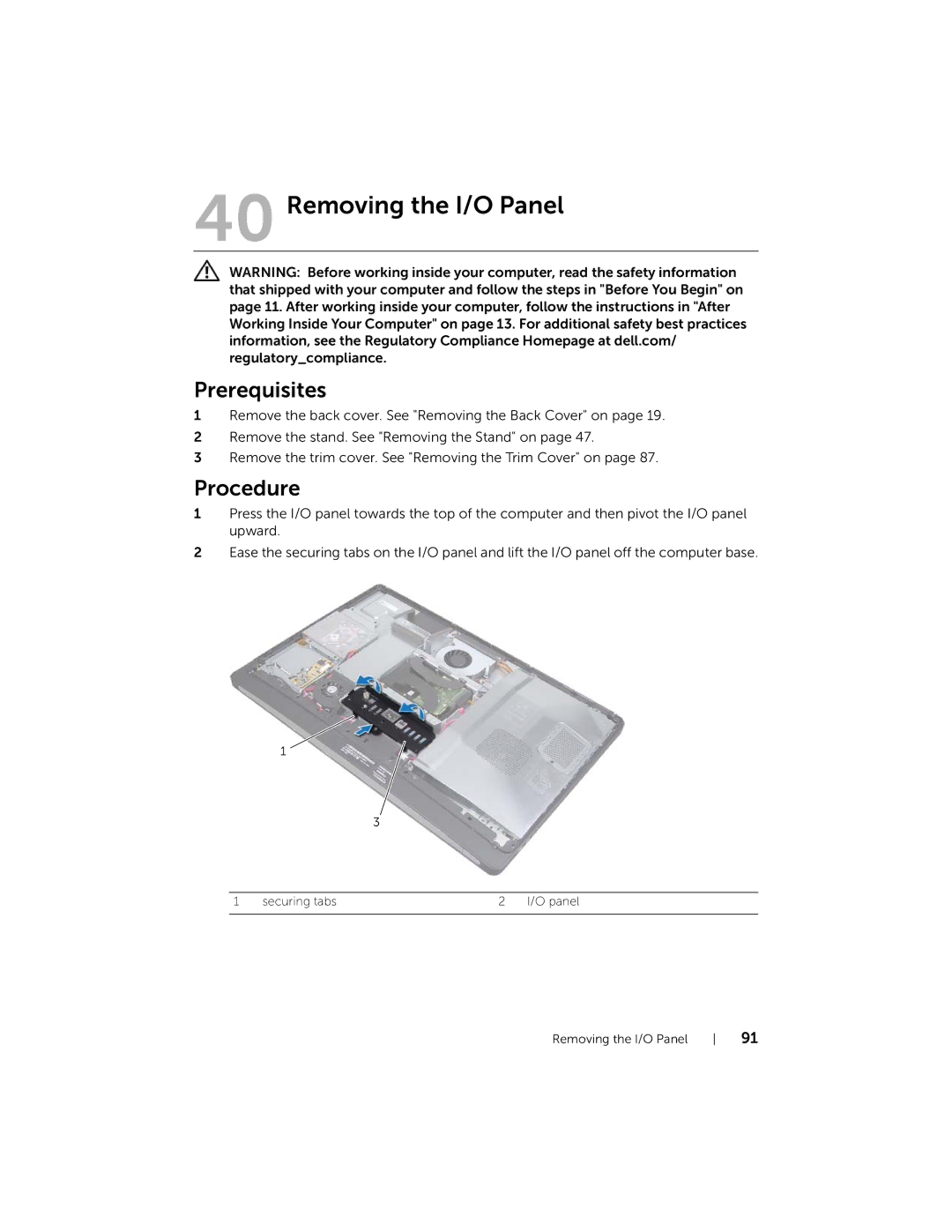 Dell 2710 owner manual Removing the I/O Panel 