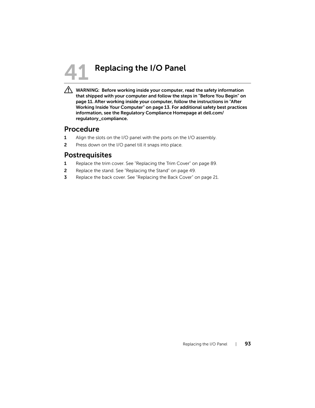 Dell 2710 owner manual Replacing the I/O Panel 