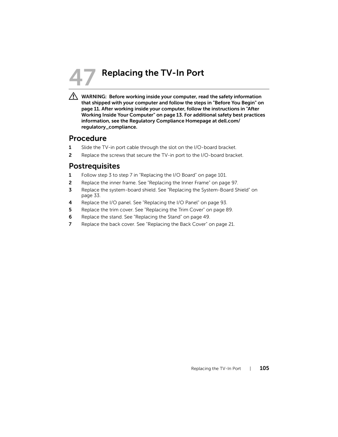 Dell 2710 owner manual Replacing the TV-In Port 