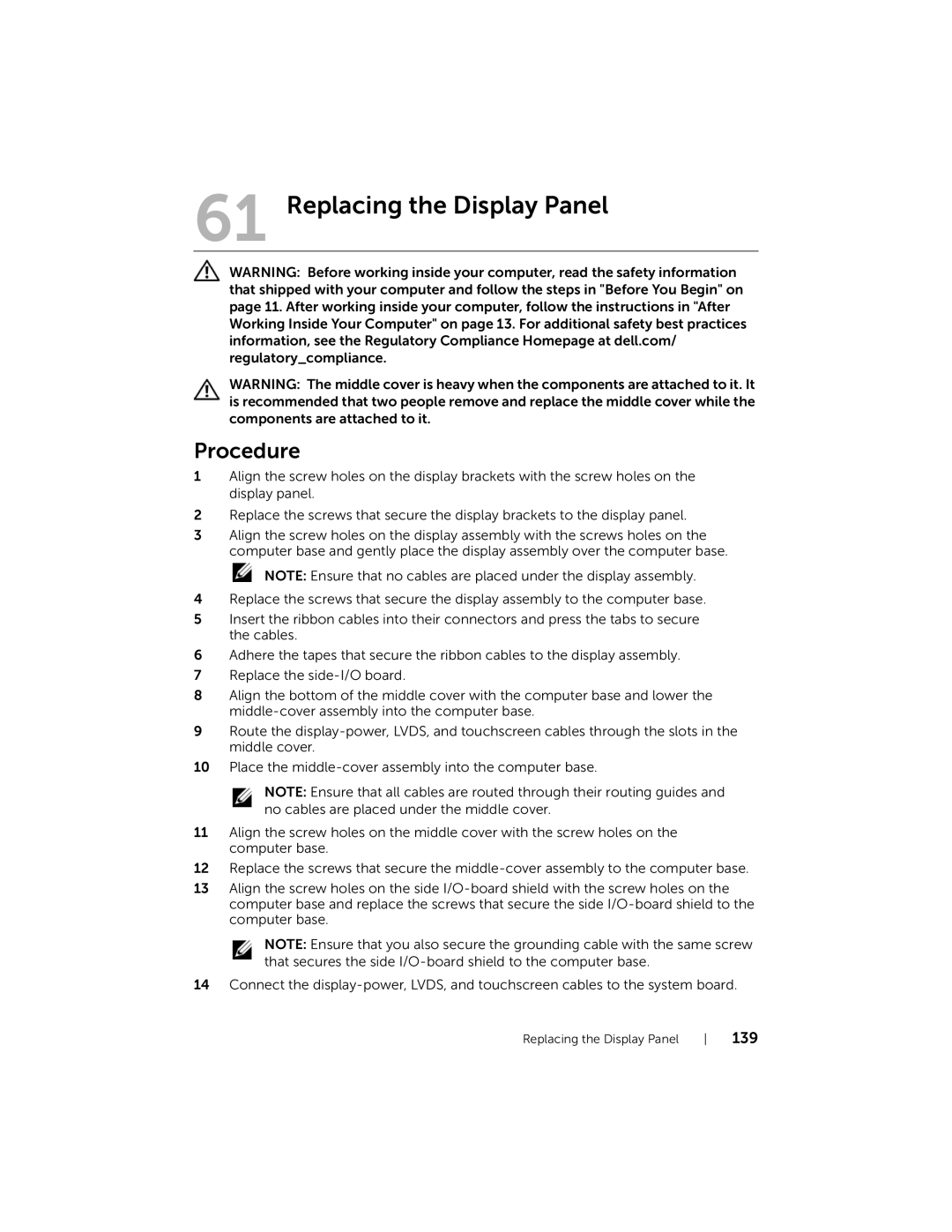 Dell 2710 owner manual Replacing the Display Panel 