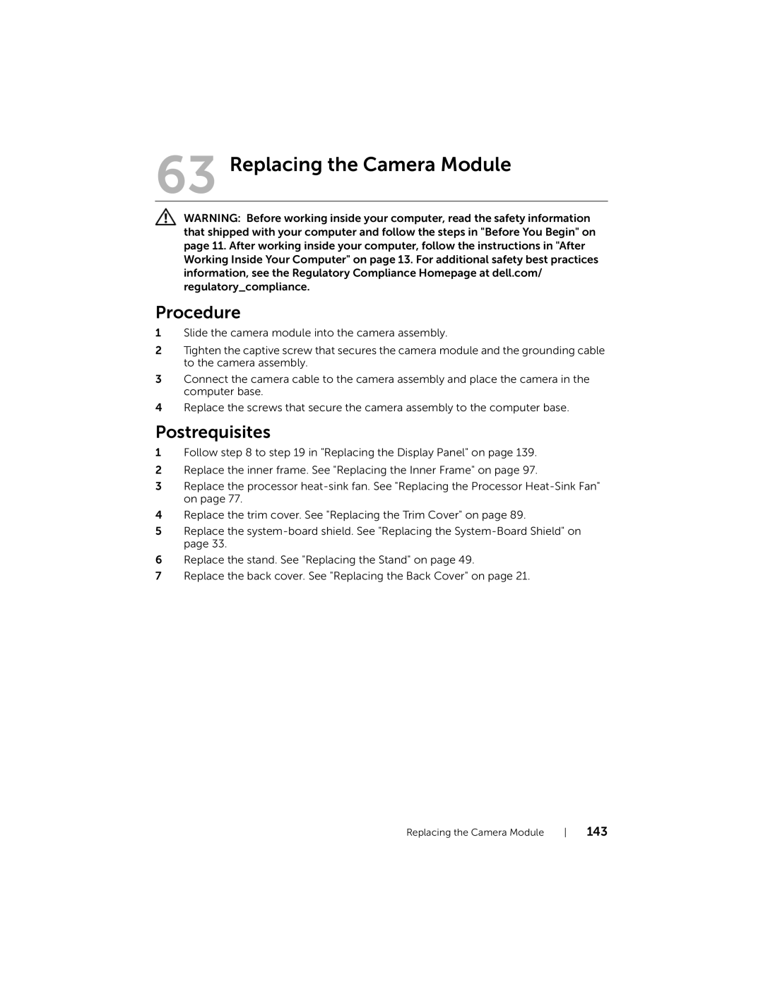 Dell 2710 owner manual Replacing the Camera Module 