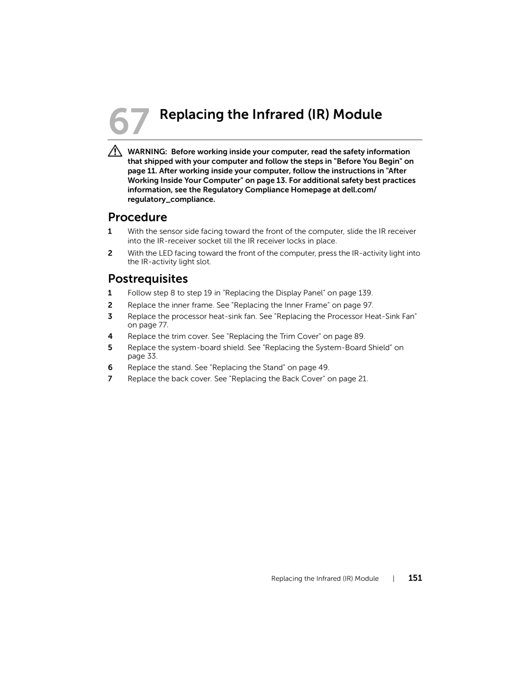 Dell 2710 owner manual Replacing the Infrared IR Module 