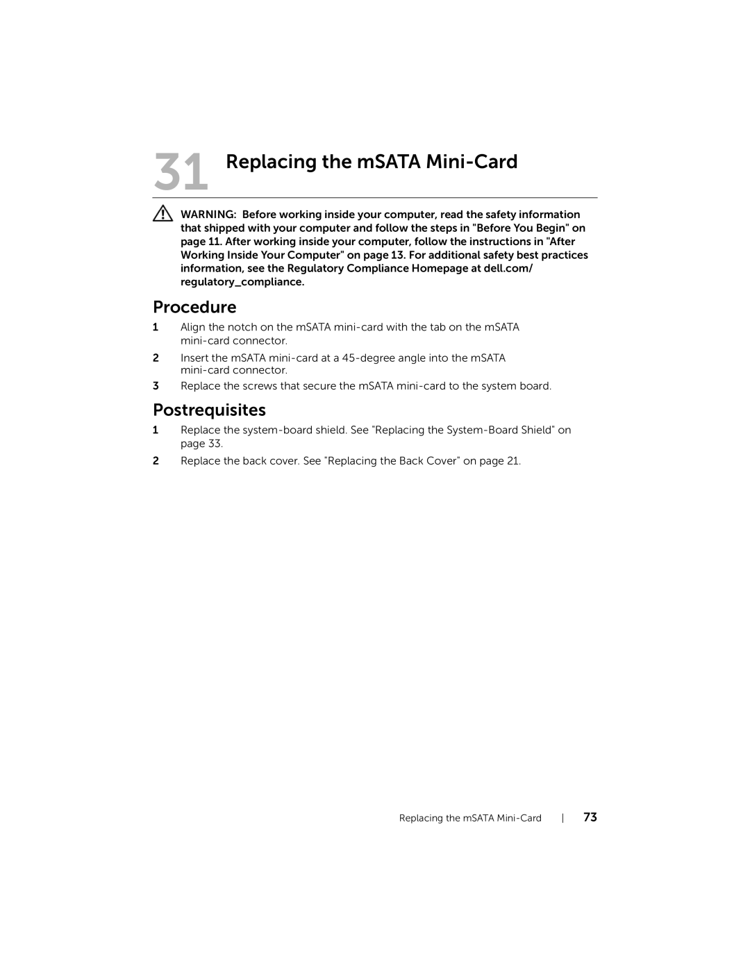 Dell 2710 owner manual Replacing the mSATA Mini-Card 