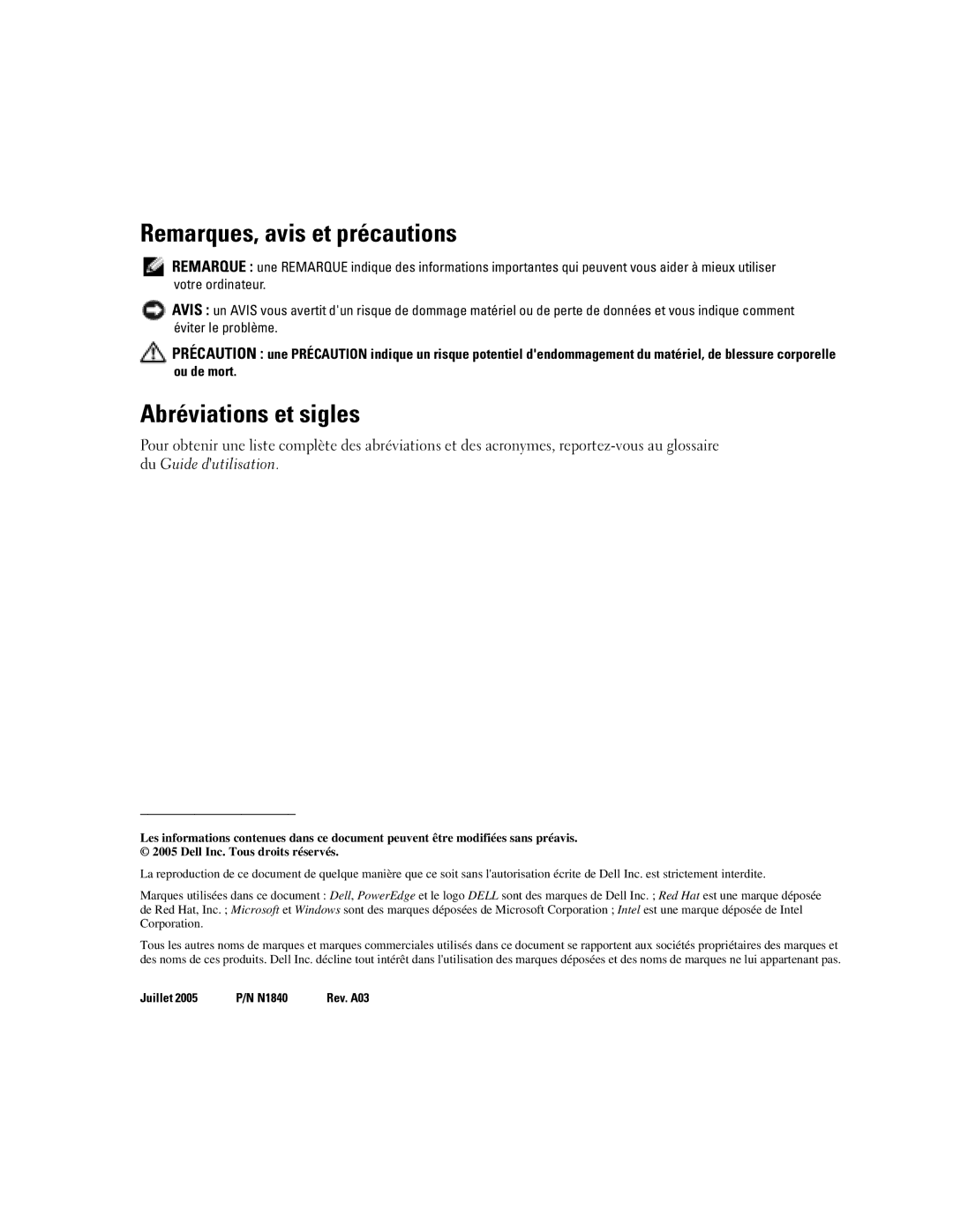 Dell 2850 manual Remarques, avis et précautions, Abréviations et sigles 