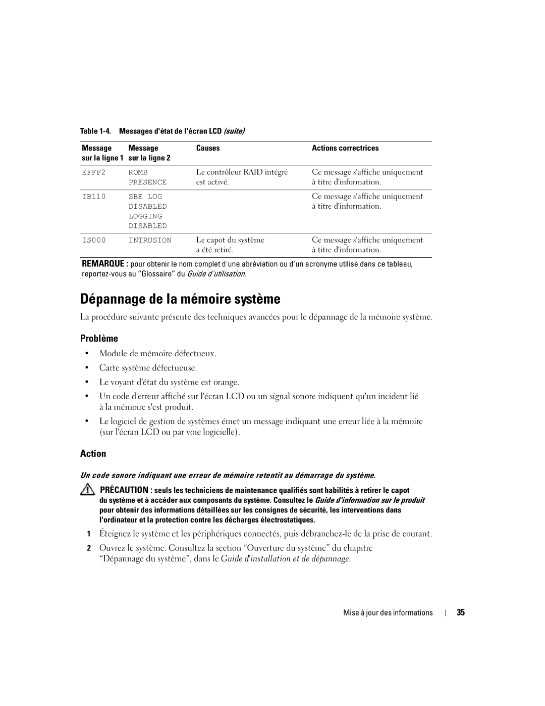 Dell 2850 manual Dépannage de la mémoire système, Le contrôleur RAID intégré, Est activé Titre dinformation IB110 