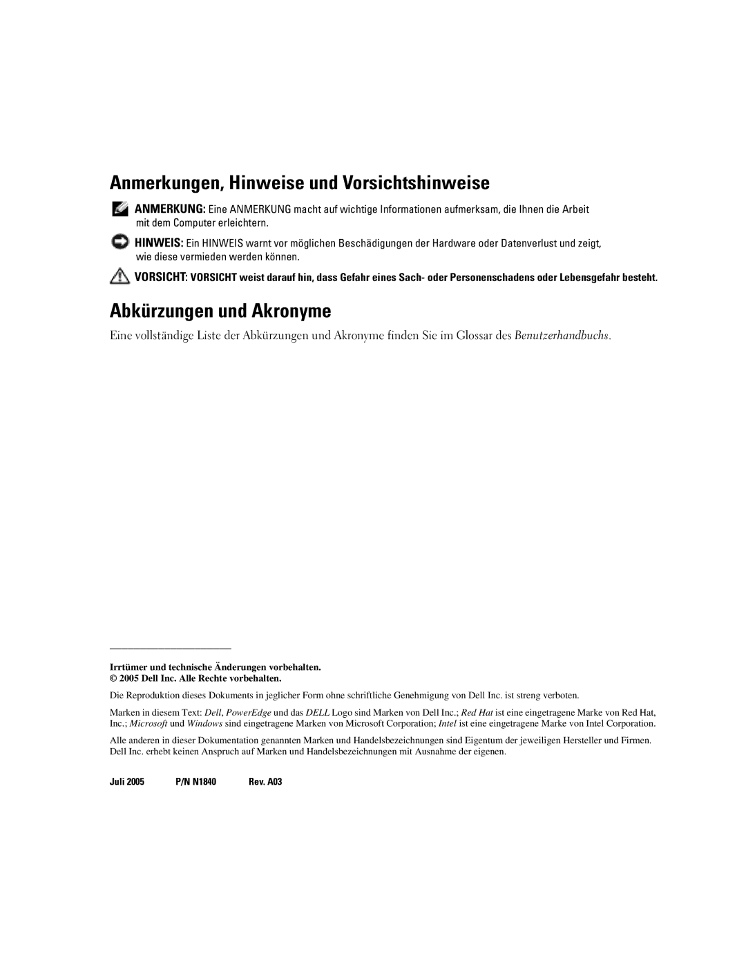 Dell 2850 manual Anmerkungen, Hinweise und Vorsichtshinweise, Abkürzungen und Akronyme 