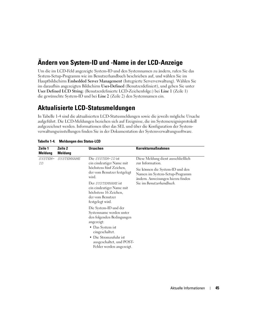 Dell 2850 manual Ändern von System-ID und -Name in der LCD-Anzeige, Aktualisierte LCD-Statusmeldungen 