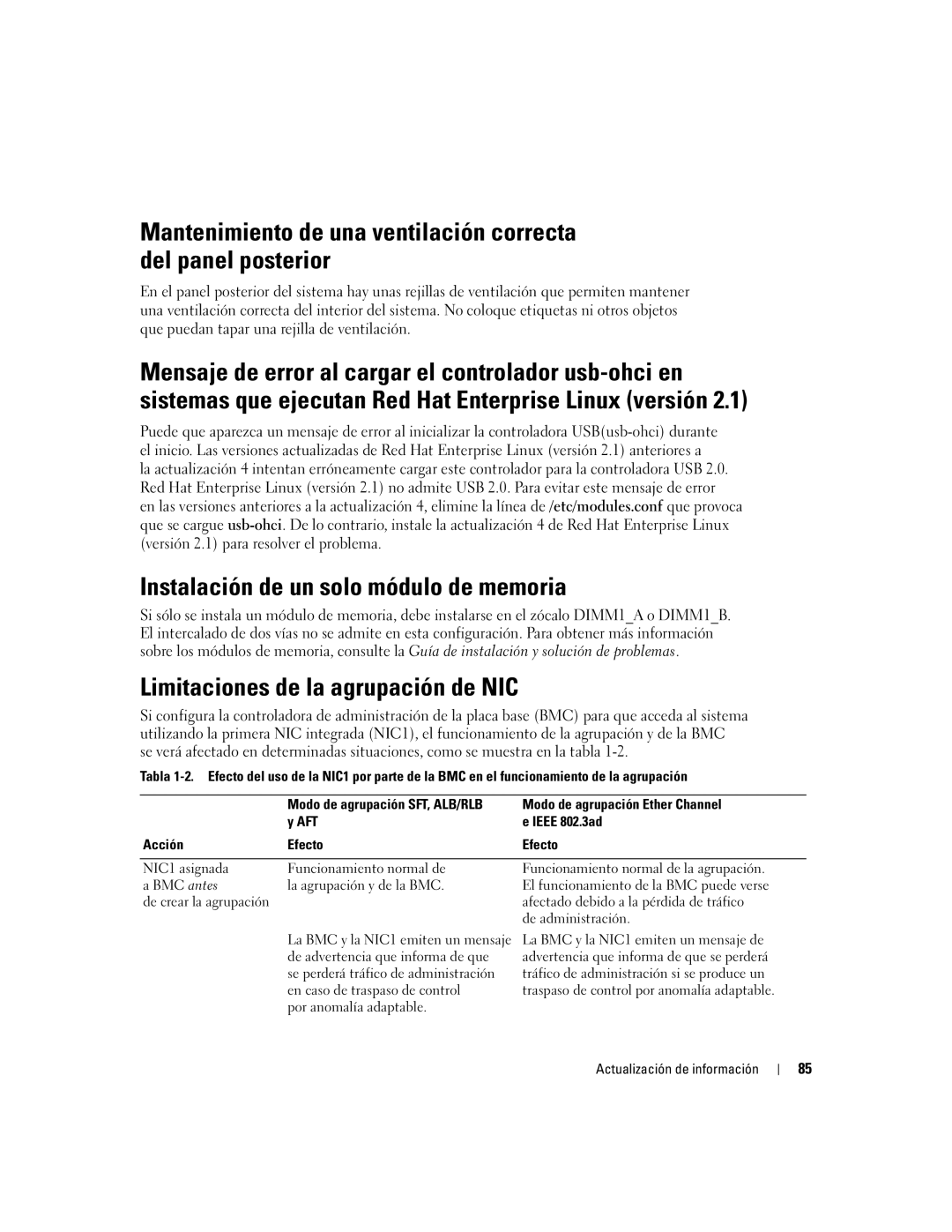 Dell 2850 manual Instalación de un solo módulo de memoria, Limitaciones de la agrupación de NIC, Por anomalía adaptable 