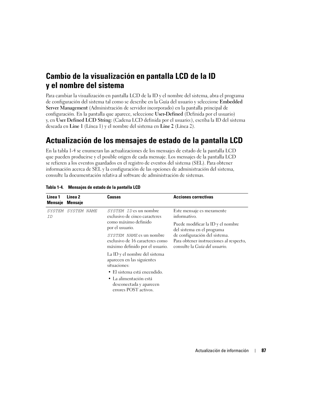 Dell 2850 manual Actualización de los mensajes de estado de la pantalla LCD 