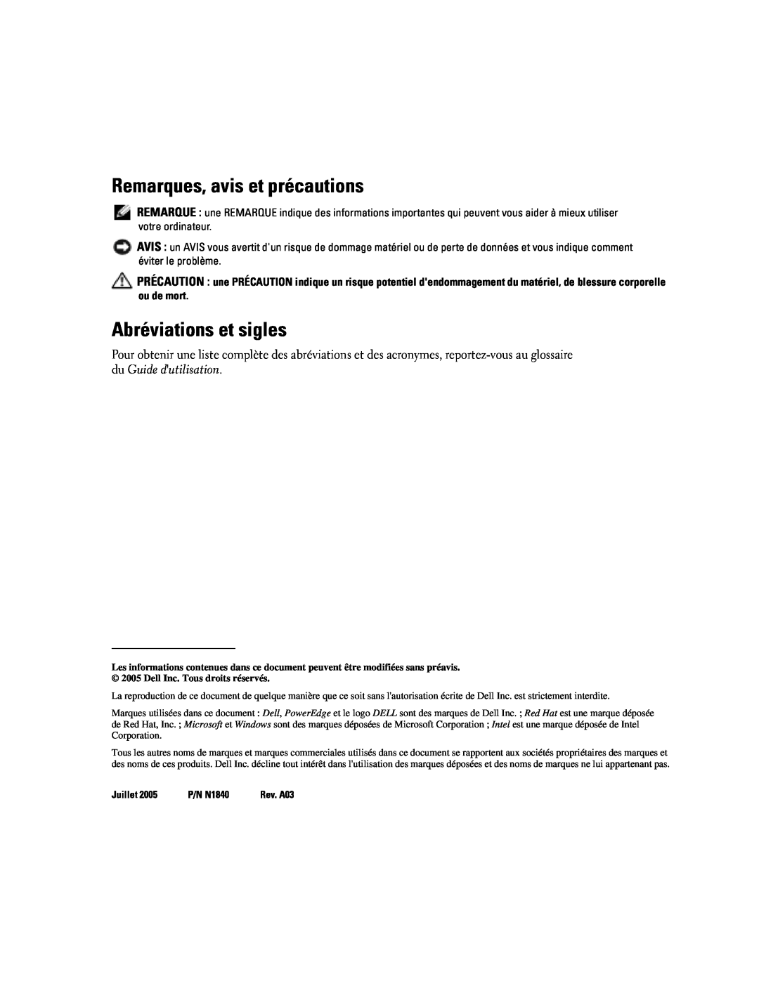 Dell 2850 manual Remarques, avis et précautions, Abréviations et sigles 