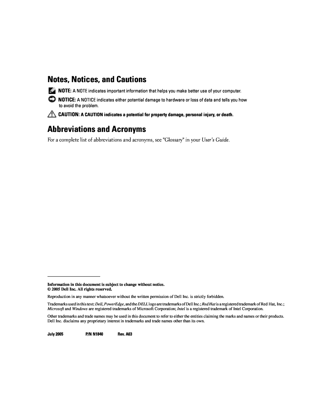 Dell 2850 manual Notes, Notices, and Cautions, Abbreviations and Acronyms, July, P/N N1840 