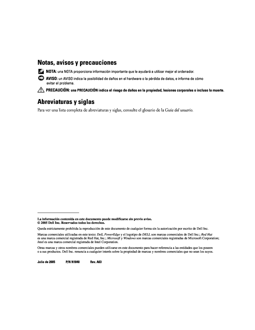 Dell 2850 manual Notas, avisos y precauciones, Abreviaturas y siglas 