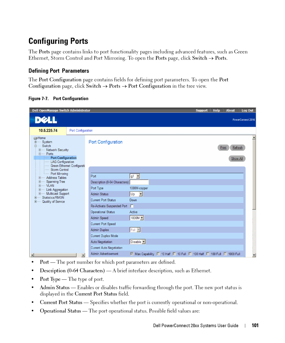 Dell 28XX manual Configuring Ports, Defining Port Parameters, 101 