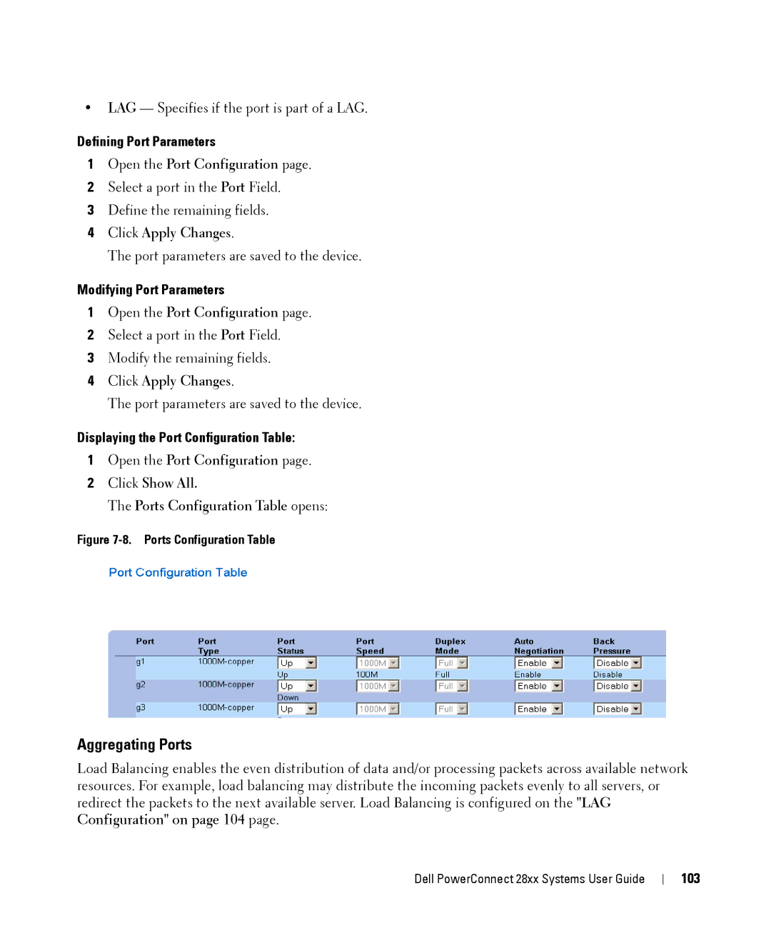 Dell 28XX Aggregating Ports, Defining Port Parameters, Modifying Port Parameters, Displaying the Port Configuration Table 