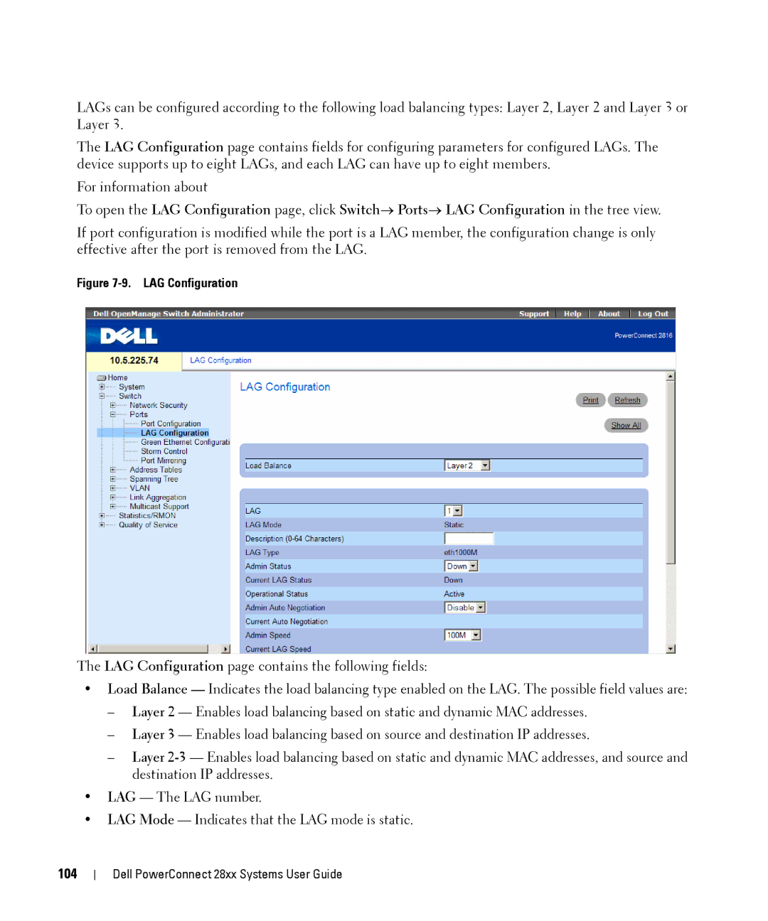 Dell 28XX manual 104, LAG Configuration 