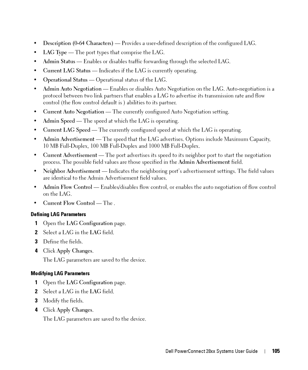 Dell 28XX manual Current Flow Control, Defining LAG Parameters, Open the LAG Configuration, Modifying LAG Parameters, 105 