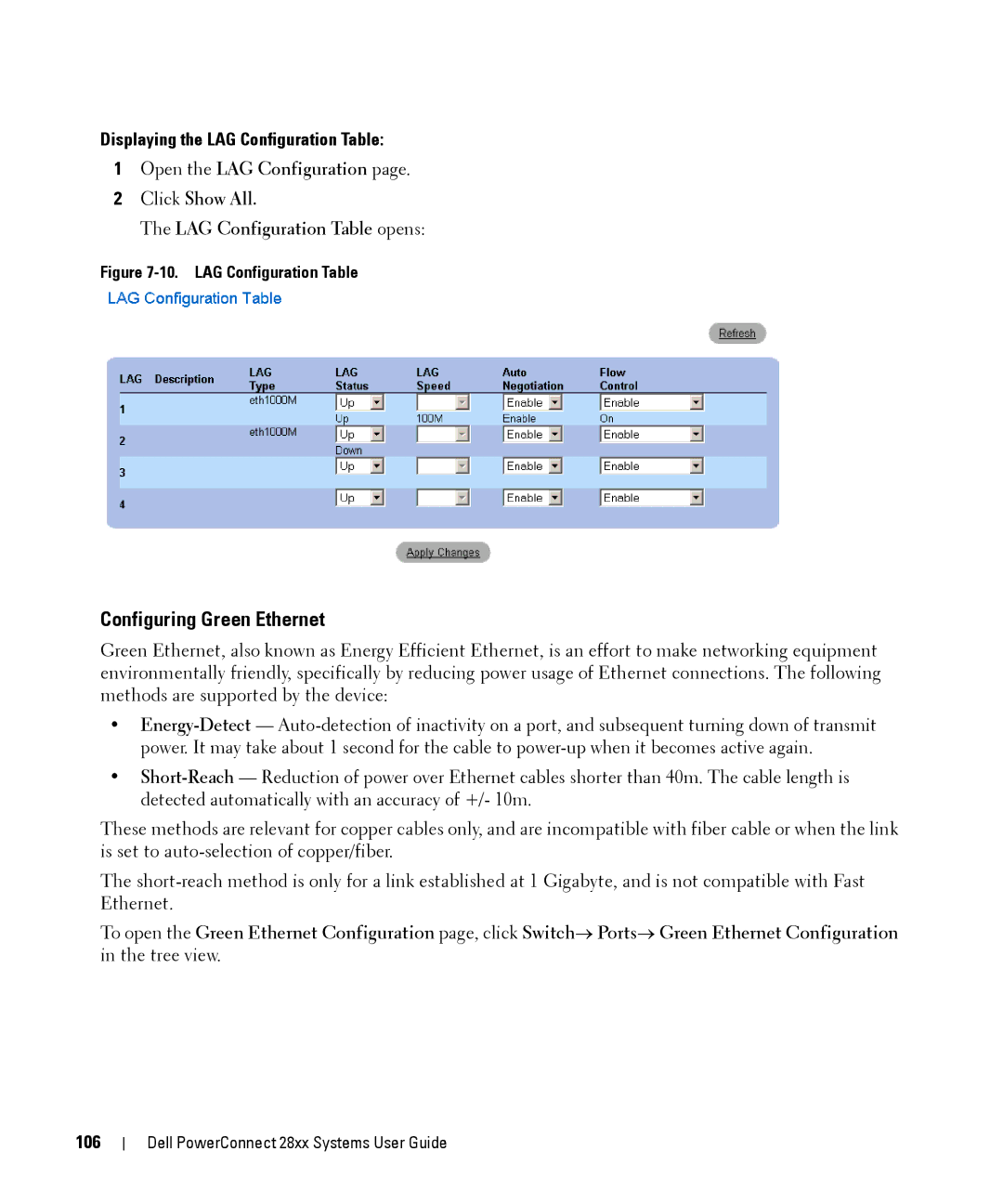 Dell 28XX manual Configuring Green Ethernet, Displaying the LAG Configuration Table, 106 