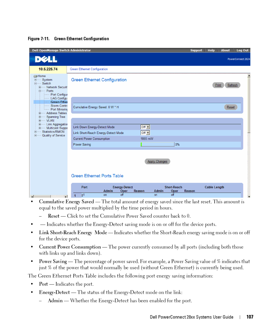 Dell 28XX manual 107, Green Ethernet Configuration 